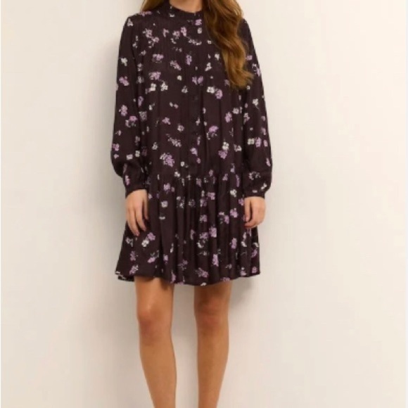 KAFFE Sz 34 Kajava Ruffle Neckline Hem Buttons Ditzy Floral Tunic Dress NEW - Picture 1 of 16